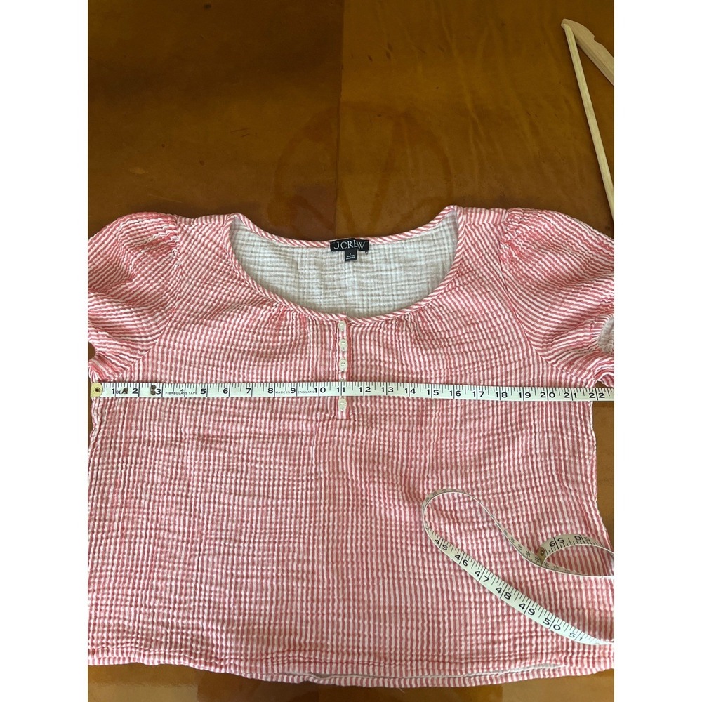 J. Crew Puff Sleeve Henley Top Red White Stripe Cropped Cotton Gauze Size Large - Picture 8 of 9